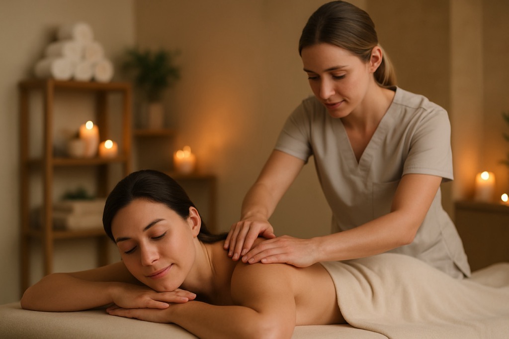 Massage therapist applying strategic pressure Massage therapist applying strategic pressure